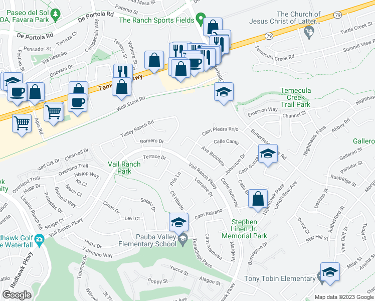 map of restaurants, bars, coffee shops, grocery stores, and more near 33188 Camino Piedra Rojo in Temecula