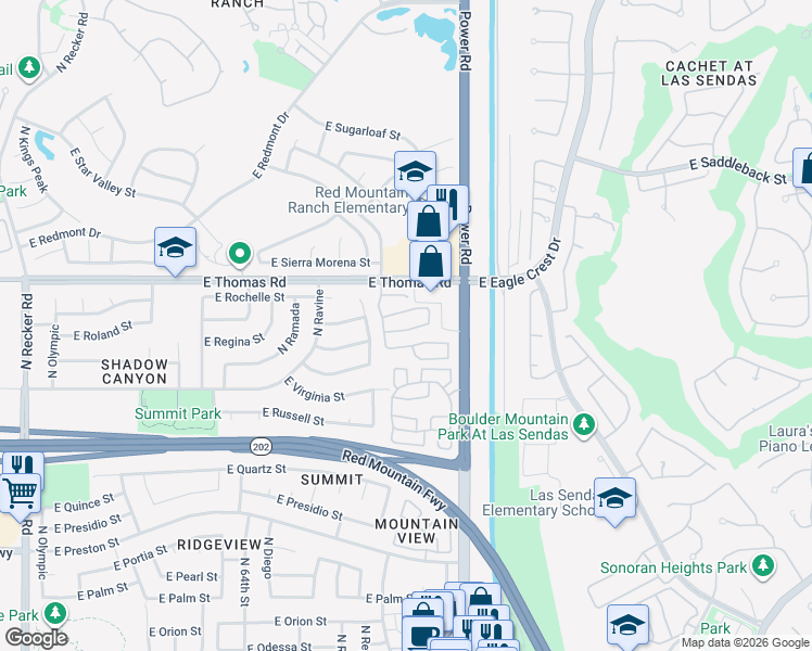 map of restaurants, bars, coffee shops, grocery stores, and more near 6702 East Roland Street in Mesa