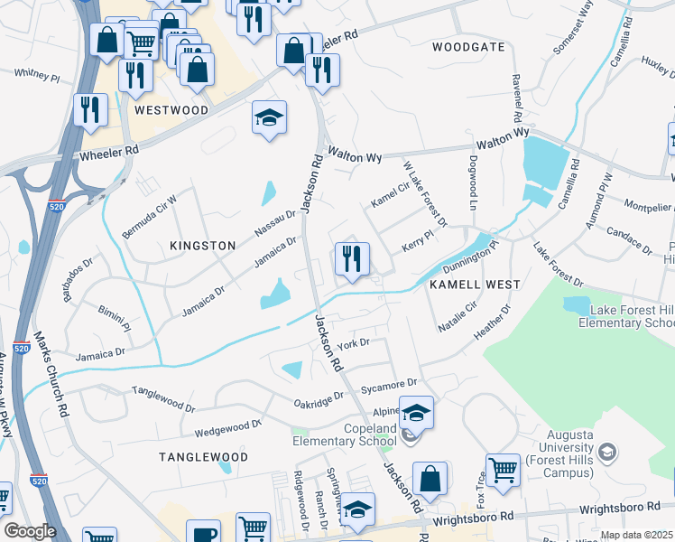 map of restaurants, bars, coffee shops, grocery stores, and more near 646 Center Court Drive in Augusta