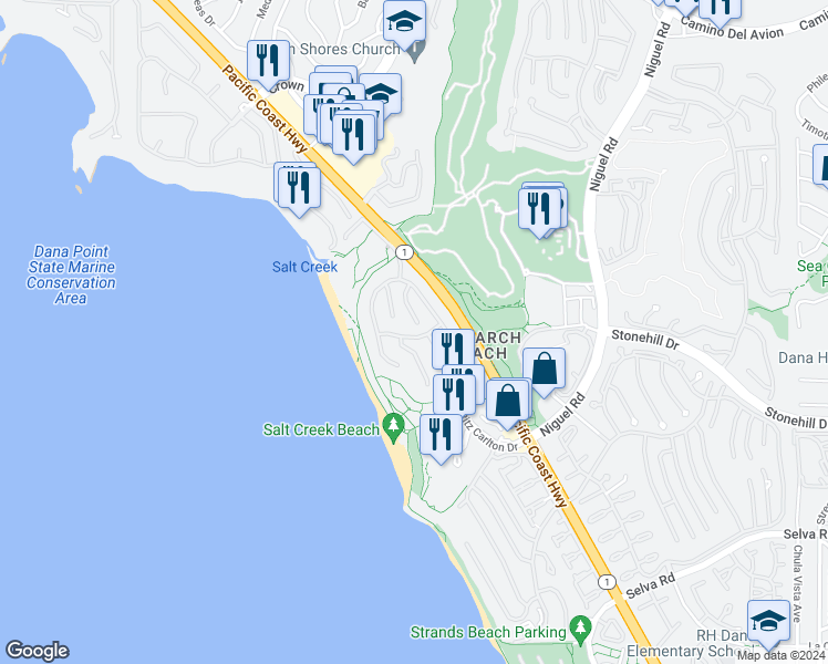 map of restaurants, bars, coffee shops, grocery stores, and more near 60 Ritz Cove Drive in Dana Point