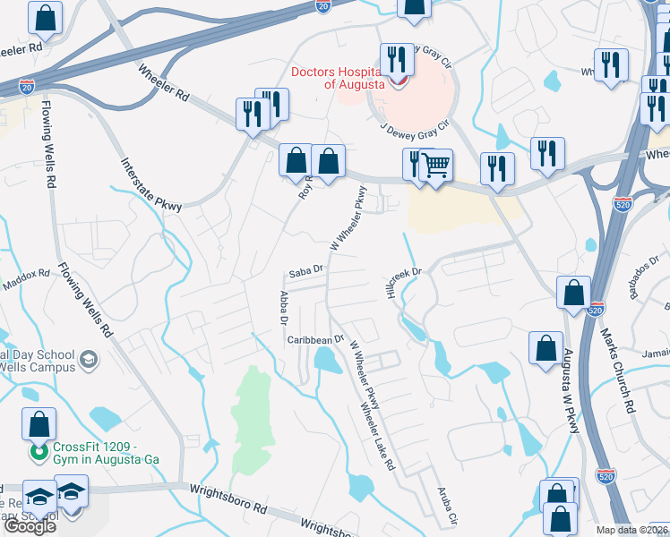 map of restaurants, bars, coffee shops, grocery stores, and more near 1226 West Wheeler Parkway in Augusta