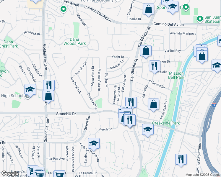 map of restaurants, bars, coffee shops, grocery stores, and more near 33282 Big Sur Street in Dana Point