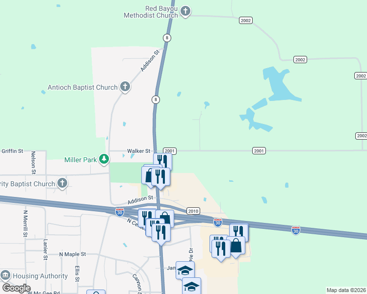 map of restaurants, bars, coffee shops, grocery stores, and more near 317 County Road 2001 in New Boston
