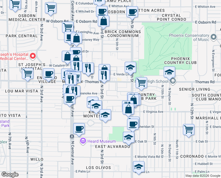 map of restaurants, bars, coffee shops, grocery stores, and more near 355 East Thomas Road in Phoenix