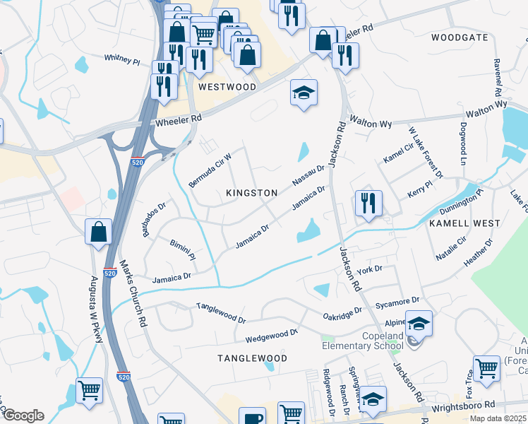 map of restaurants, bars, coffee shops, grocery stores, and more near 3602 Nassau Drive in Augusta