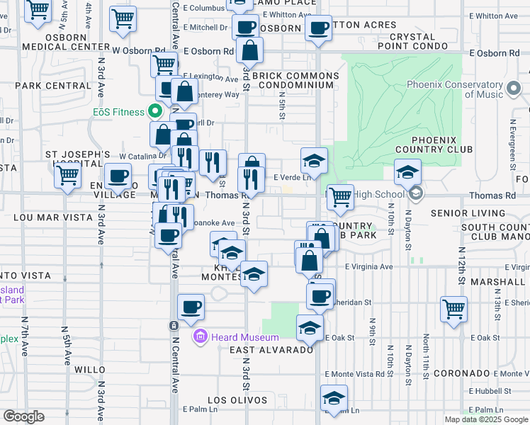 map of restaurants, bars, coffee shops, grocery stores, and more near 355 East Thomas Road in Phoenix