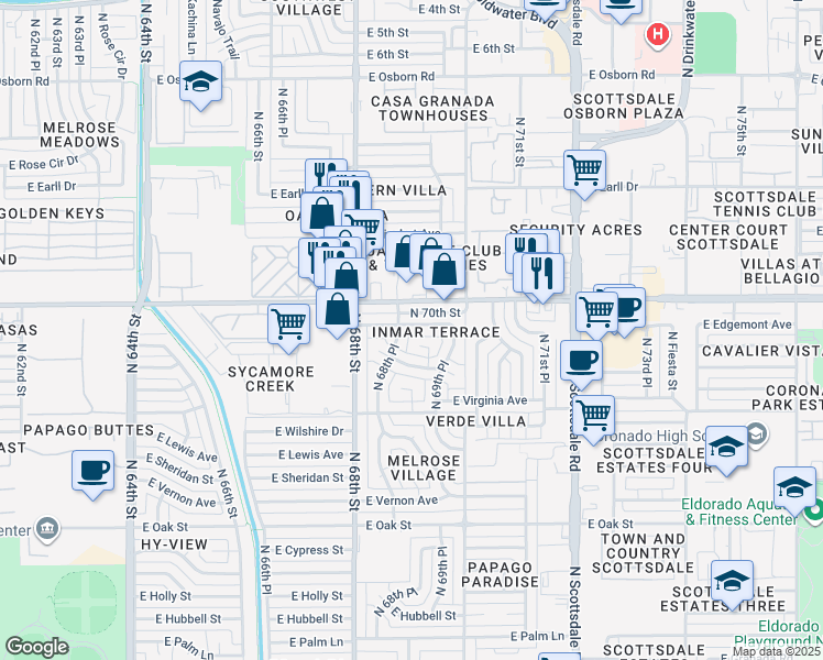 map of restaurants, bars, coffee shops, grocery stores, and more near 6843 East Edgemont Avenue in Scottsdale
