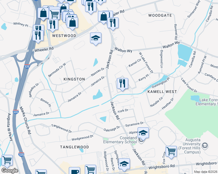 map of restaurants, bars, coffee shops, grocery stores, and more near 3104 Olde Brownstone Court in Augusta