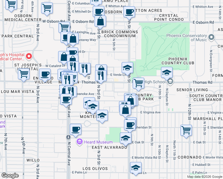 map of restaurants, bars, coffee shops, grocery stores, and more near 355 East Thomas Road in Phoenix