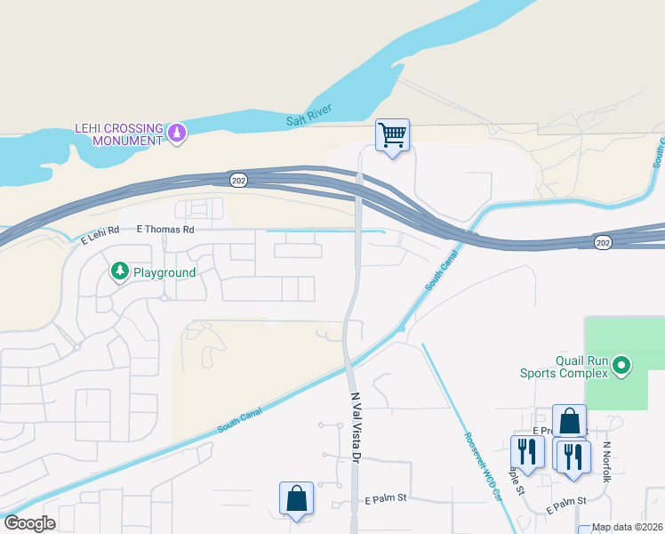 map of restaurants, bars, coffee shops, grocery stores, and more near 3466 East Riverdale Street in Mesa