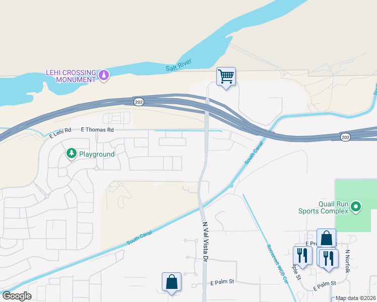 map of restaurants, bars, coffee shops, grocery stores, and more near 3466 East Riverdale Street in Mesa