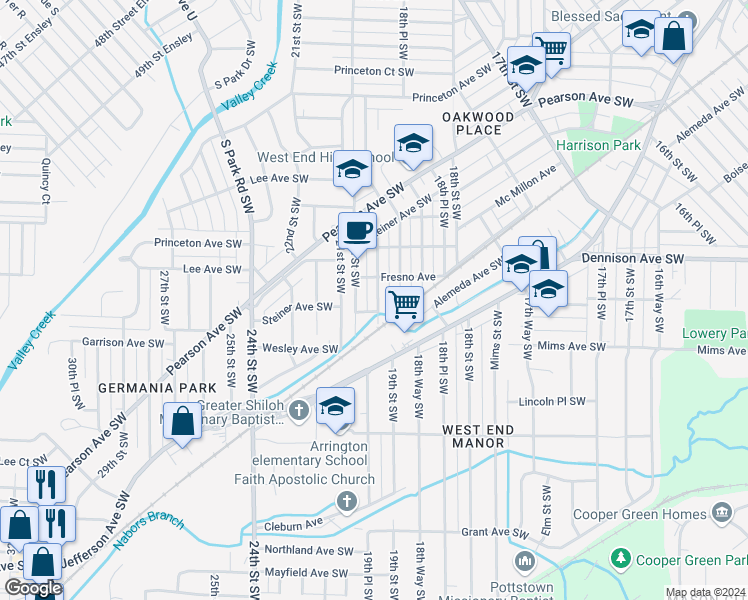 map of restaurants, bars, coffee shops, grocery stores, and more near 1018 19th Place Southwest in Birmingham