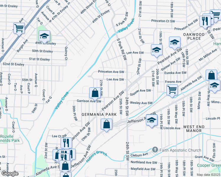 map of restaurants, bars, coffee shops, grocery stores, and more near 615 26th Street Southwest in Birmingham