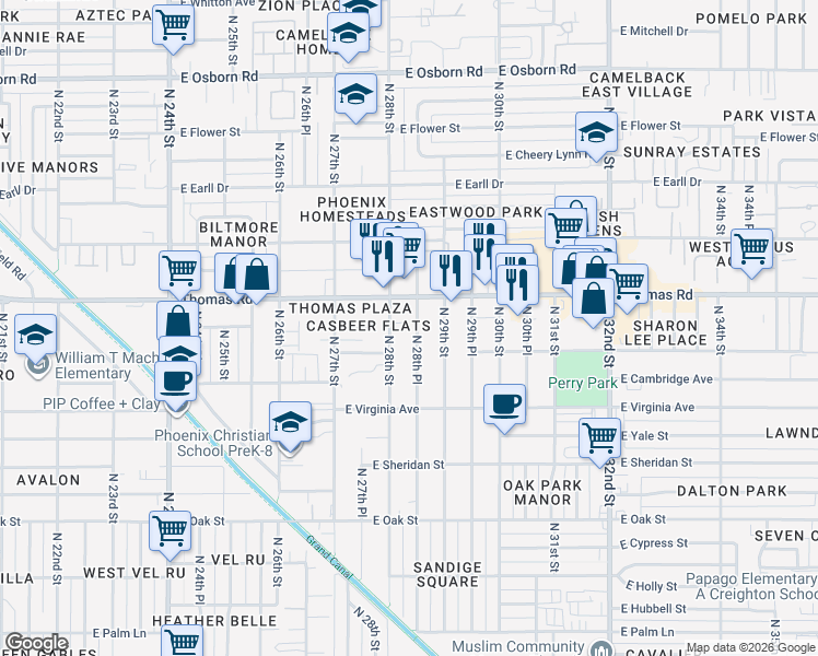 map of restaurants, bars, coffee shops, grocery stores, and more near 2801 East Thomas Road in Phoenix