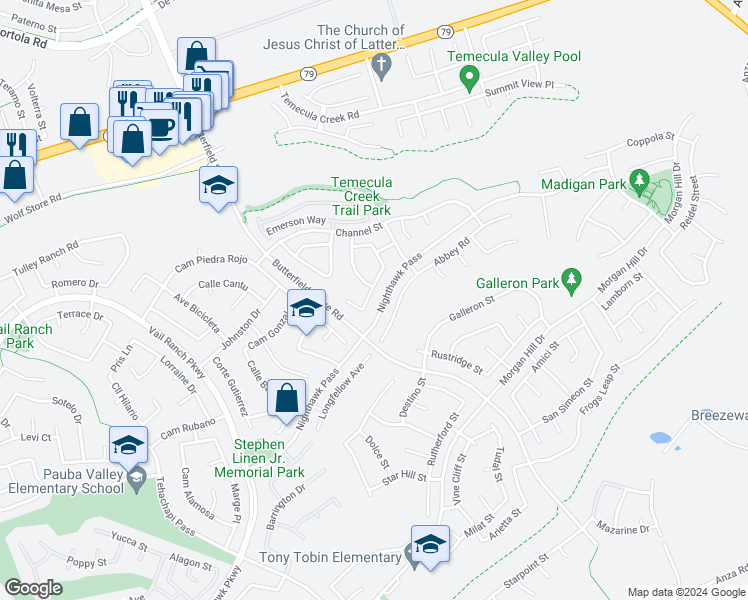 map of restaurants, bars, coffee shops, grocery stores, and more near 44478 Kingston Drive in Temecula