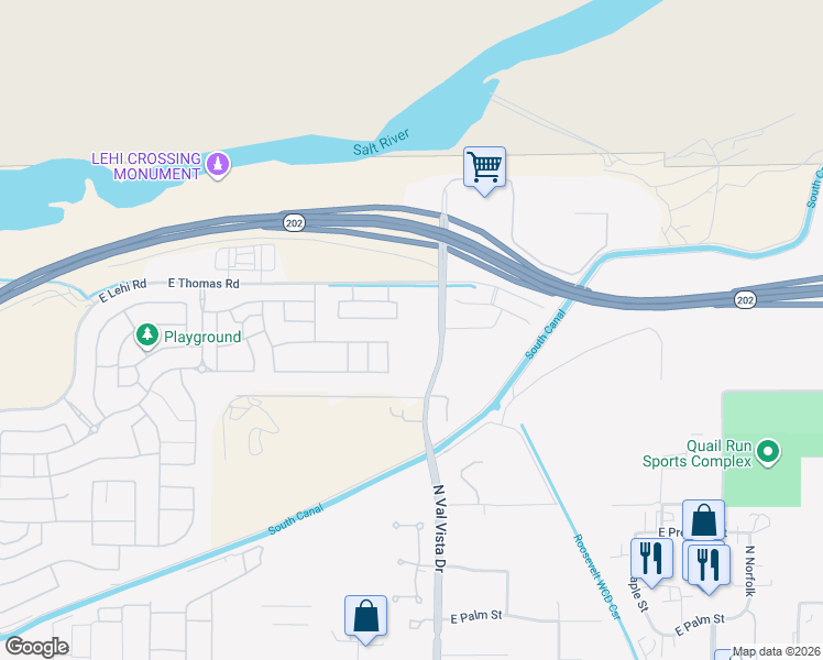 map of restaurants, bars, coffee shops, grocery stores, and more near 3466 East Riverdale Street in Mesa