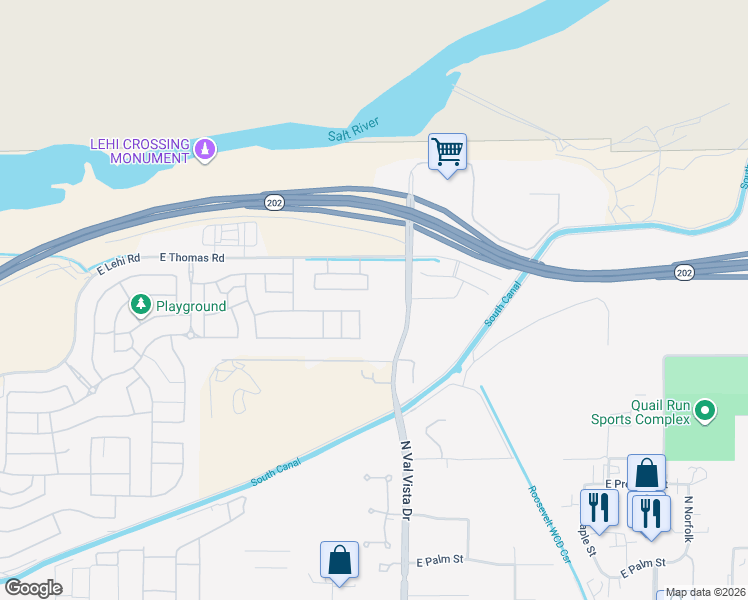 map of restaurants, bars, coffee shops, grocery stores, and more near 3466 East Riverdale Street in Mesa