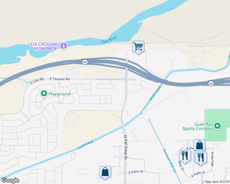 map of restaurants, bars, coffee shops, grocery stores, and more near 3466 East Riverdale Street in Mesa