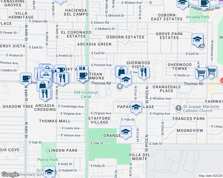 map of restaurants, bars, coffee shops, grocery stores, and more near 4935 East Thomas Road in Phoenix