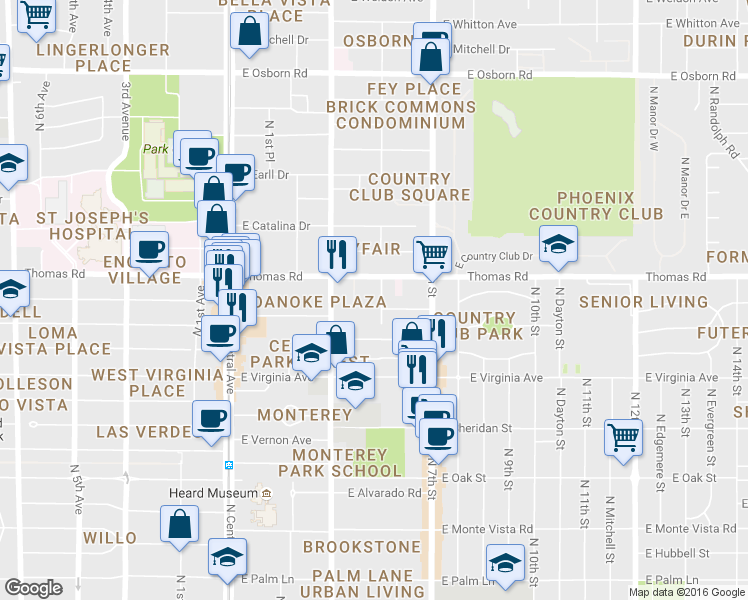 map of restaurants, bars, coffee shops, grocery stores, and more near 355 East Thomas Road in Phoenix