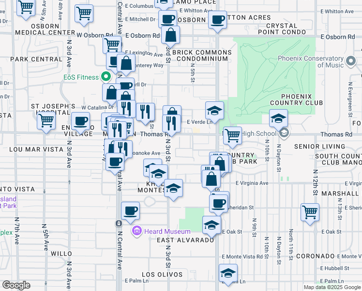 map of restaurants, bars, coffee shops, grocery stores, and more near 355 East Thomas Road in Phoenix