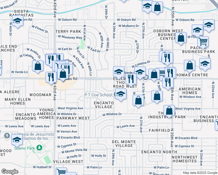 map of restaurants, bars, coffee shops, grocery stores, and more near 2828 North 39th Avenue in Phoenix