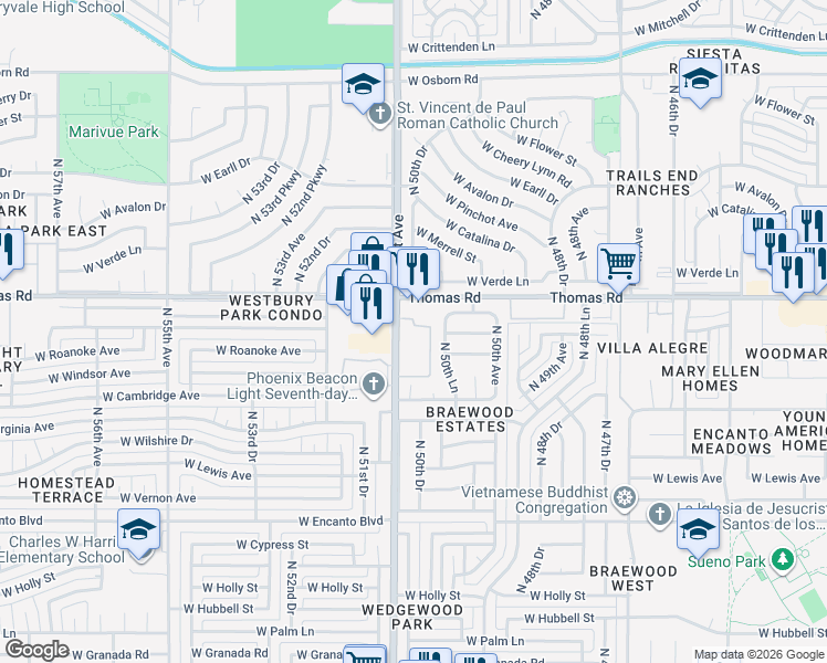 map of restaurants, bars, coffee shops, grocery stores, and more near 5045 West Thomas Road in Phoenix