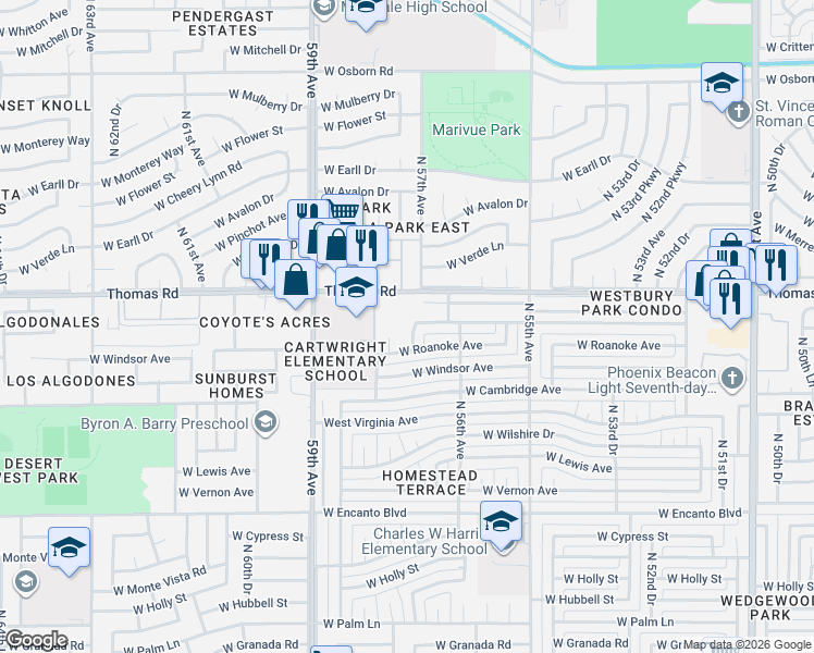 map of restaurants, bars, coffee shops, grocery stores, and more near 5619 West La Reata Avenue in Phoenix