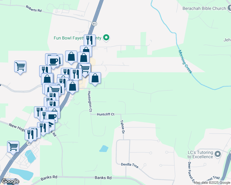 map of restaurants, bars, coffee shops, grocery stores, and more near 195 Pine Trail Road in Fayetteville