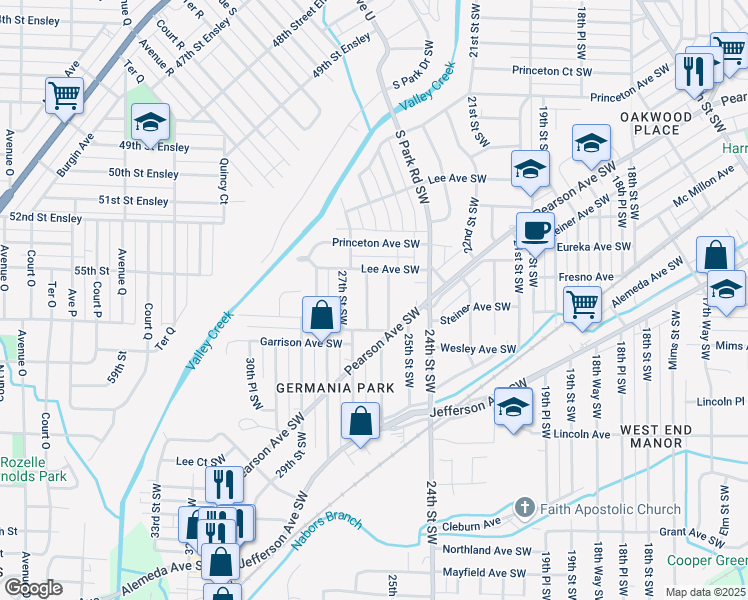 map of restaurants, bars, coffee shops, grocery stores, and more near 615 26th Street Southwest in Birmingham