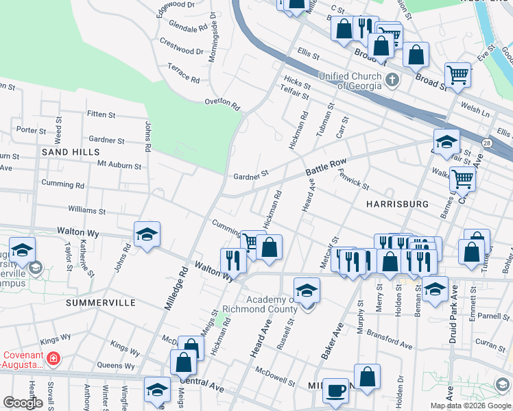 map of restaurants, bars, coffee shops, grocery stores, and more near 718 Gary Street in Augusta