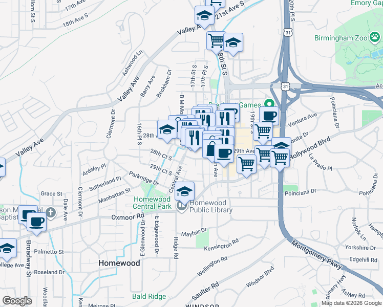 map of restaurants, bars, coffee shops, grocery stores, and more near 2821 Central Avenue in Homewood