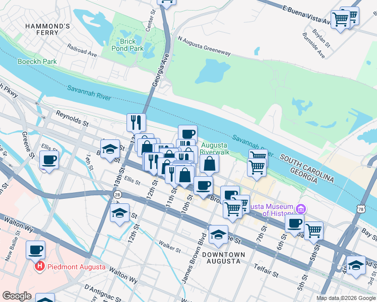 map of restaurants, bars, coffee shops, grocery stores, and more near 1 11th Street in Augusta