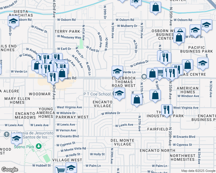 map of restaurants, bars, coffee shops, grocery stores, and more near 2828 North 39th Avenue in Phoenix