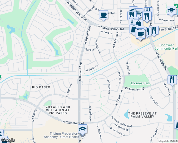 map of restaurants, bars, coffee shops, grocery stores, and more near 14613 West Verde Lane in Goodyear