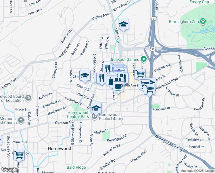 map of restaurants, bars, coffee shops, grocery stores, and more near 2814 Linden Avenue in Homewood