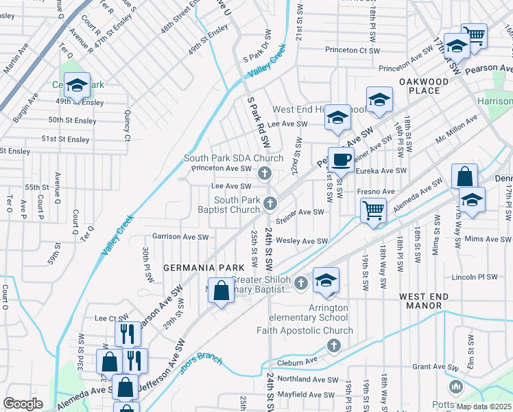 map of restaurants, bars, coffee shops, grocery stores, and more near 2420 Pearson Avenue Southwest in Birmingham