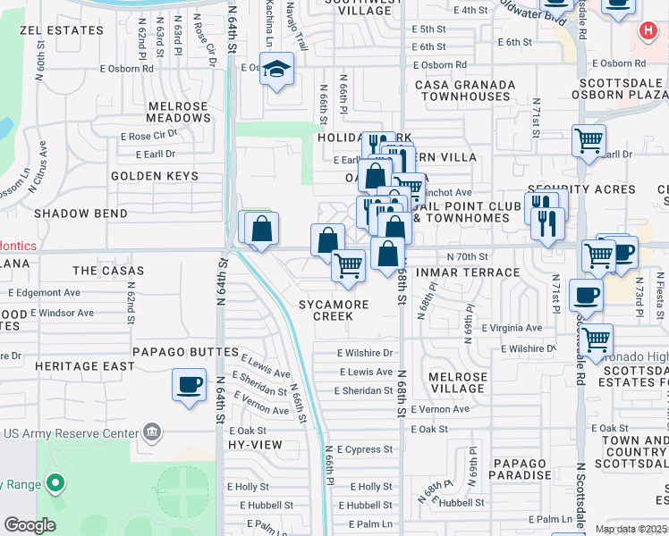map of restaurants, bars, coffee shops, grocery stores, and more near 6565 East Thomas Road in Scottsdale