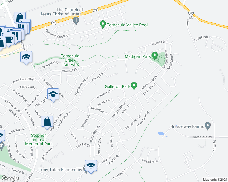 map of restaurants, bars, coffee shops, grocery stores, and more near 34039 Galleron Street in Temecula