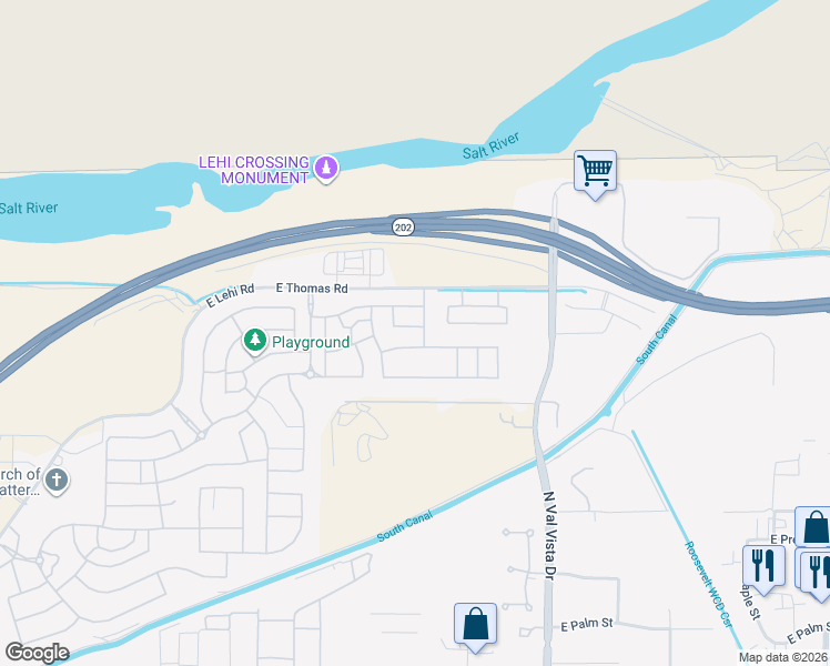 map of restaurants, bars, coffee shops, grocery stores, and more near 3323 East Rochelle Street in Mesa