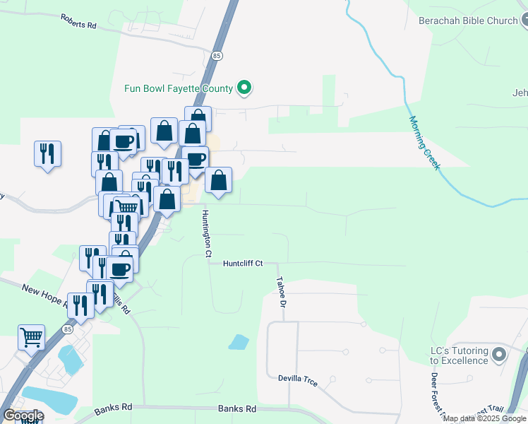 map of restaurants, bars, coffee shops, grocery stores, and more near 195 Pine Trail Road in Fayetteville