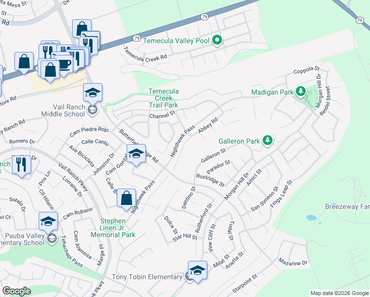 map of restaurants, bars, coffee shops, grocery stores, and more near 33667 Abbey Road in Temecula