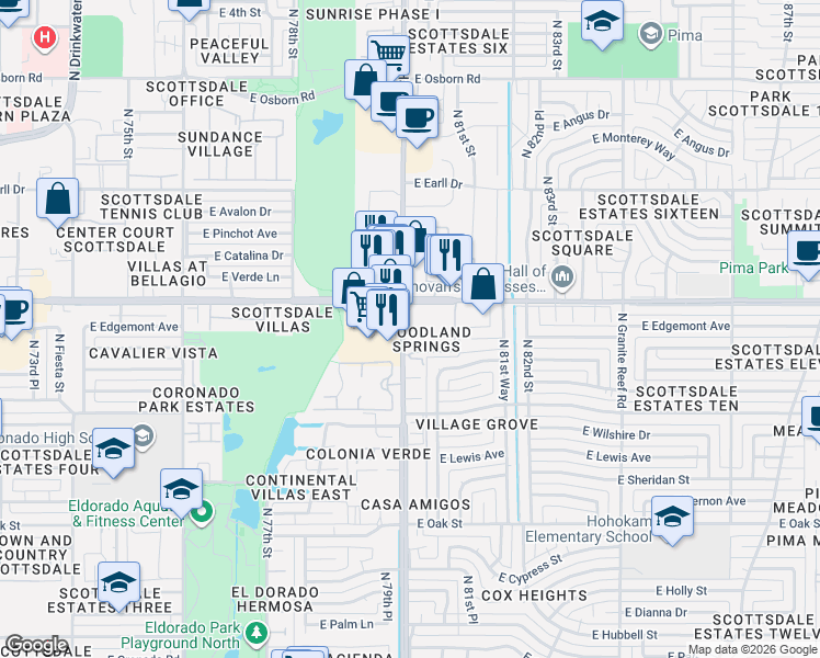 map of restaurants, bars, coffee shops, grocery stores, and more near 2815 Hayden Road in Scottsdale