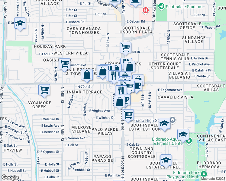 map of restaurants, bars, coffee shops, grocery stores, and more near 7153 East Thomas Road in Scottsdale