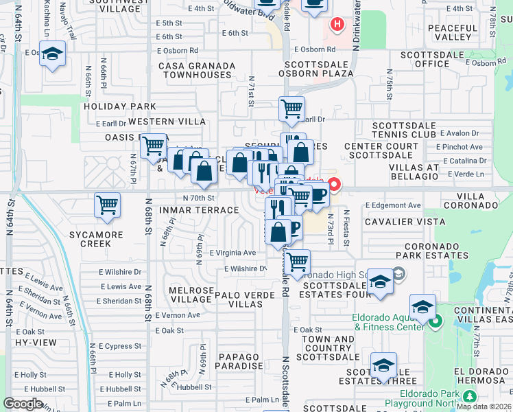 map of restaurants, bars, coffee shops, grocery stores, and more near 2837 North 71st Place in Scottsdale