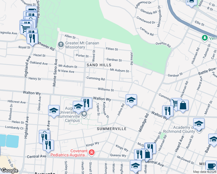 map of restaurants, bars, coffee shops, grocery stores, and more near 2360 Cumming Road in Augusta