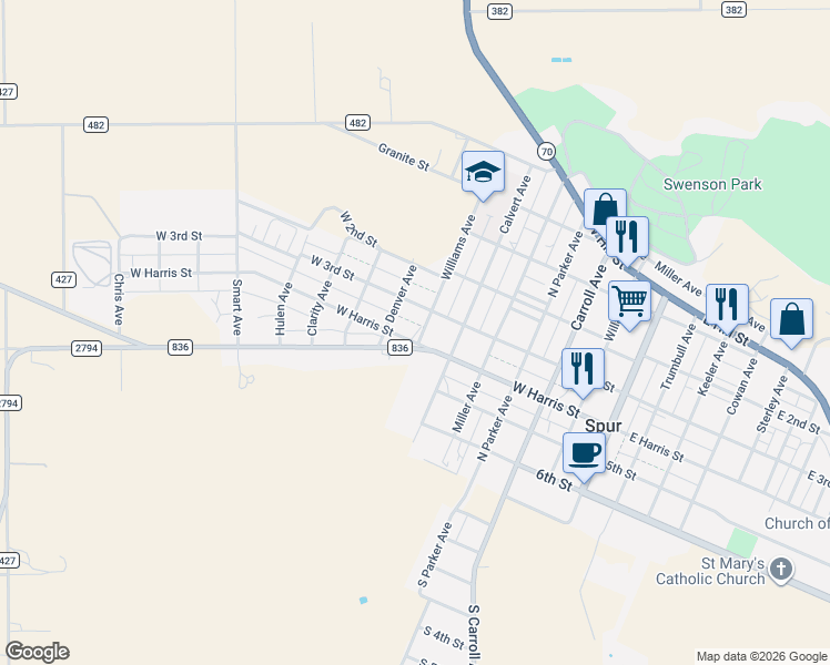 map of restaurants, bars, coffee shops, grocery stores, and more near 700-798 West 3rd Street in Spur