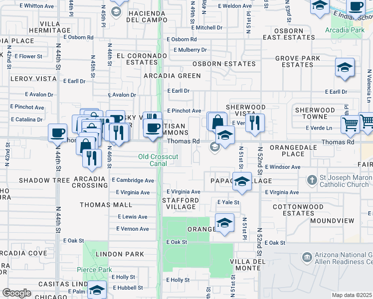 map of restaurants, bars, coffee shops, grocery stores, and more near 4903 Thomas Road in Phoenix
