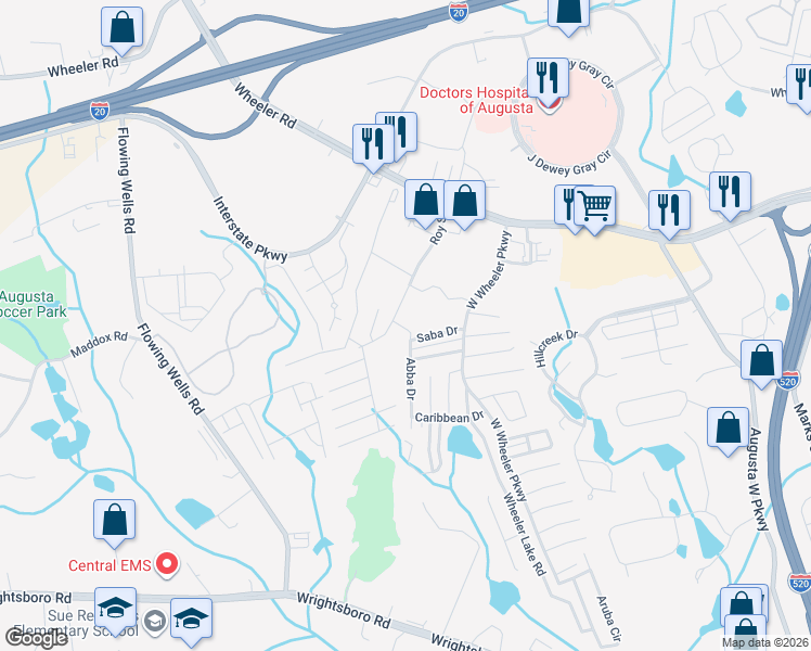 map of restaurants, bars, coffee shops, grocery stores, and more near 1242 Roy Street in Augusta