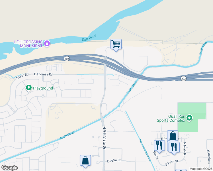 map of restaurants, bars, coffee shops, grocery stores, and more near 3559 North Reebs Road in Mesa